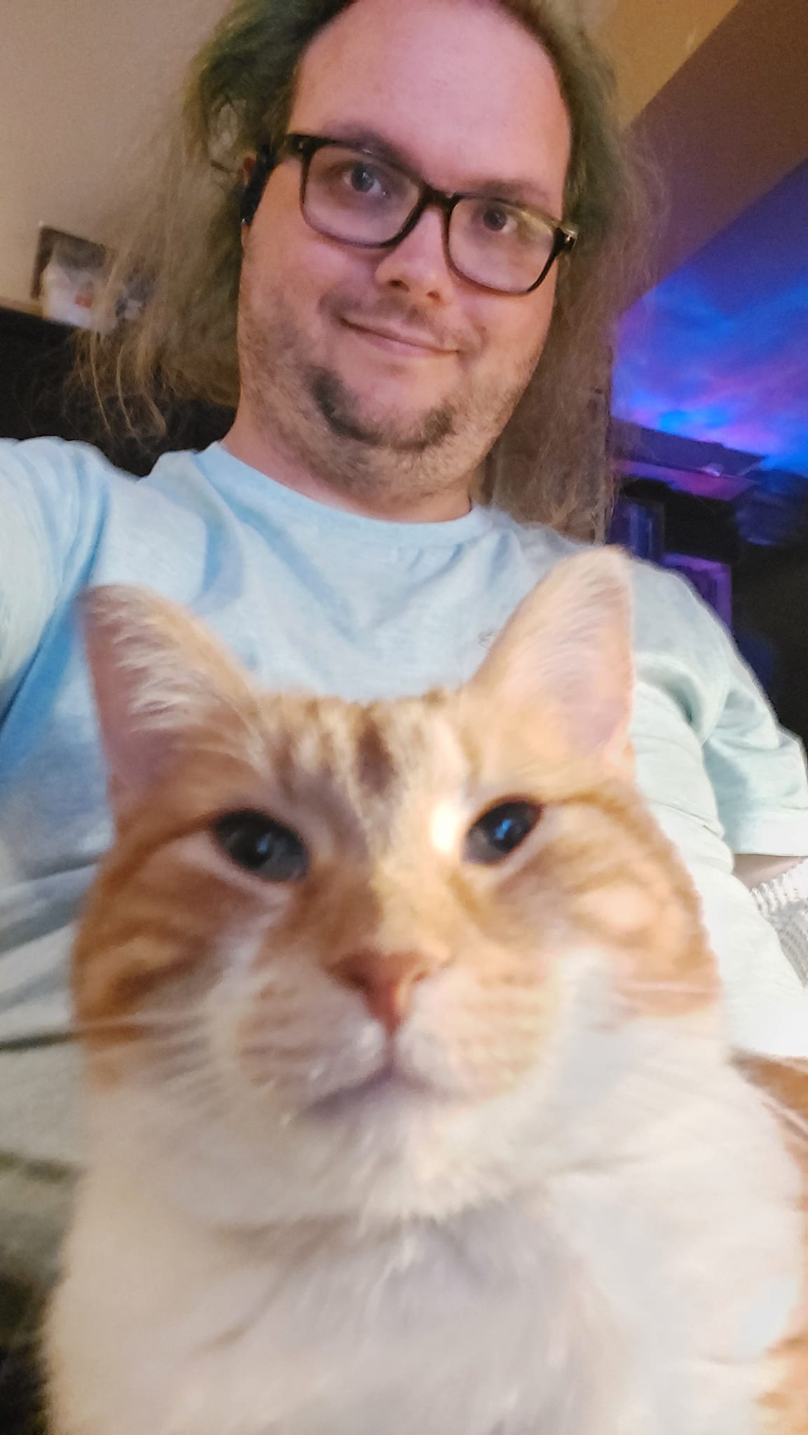 A man with long green hair sits on a computer chair, with an orange cat on his lap